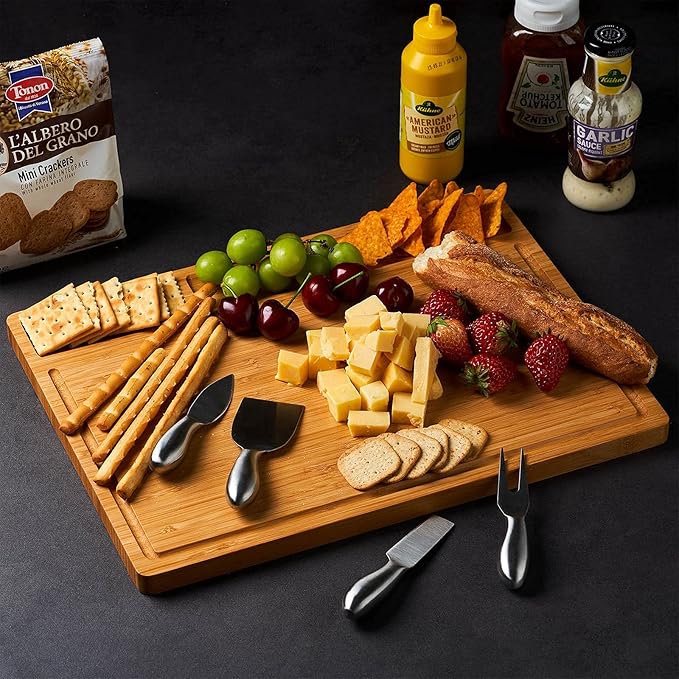 Large Bamboo Wood Cutting Board for Kitchen, Cheese Charcuterie Board with 3 Built-in Compartments and Juice Grooves, Butcher Block (17x12.6") - Image 4