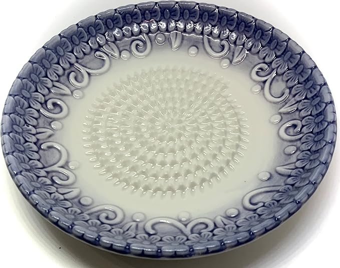 BonCera, All-in-one Premium Ceramic Garlic Grater Plate 4-Piece Set - Purple Embossed Design and Style - For Garlic, Ginger, Chocolate, and more! - Comes with 5.25" Plate, Peeler, Brush, and Stand - Image 2