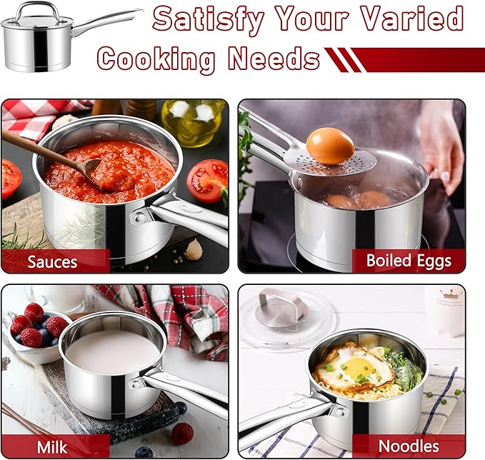 P&P CHEF 1 Quart & 2 Quart Saucepan with Lid Set, Stainless Steel Small Cooking Pot Induction Sauce Pan for Pasta Soup, Ergonomic Handle & Tri-ply Base, Dishwasher Safe, 2 Pan - Image 5