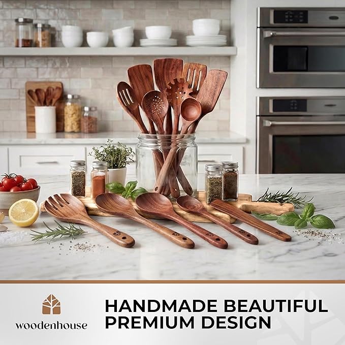 Wooden Spoons for Cooking – 13 Pcs Premium Teak Wooden Utensil Set - Durable, Safe for Nonstick Cookware, Easy to Clean & Heat Resistant Kitchen Utensils Set Wood with Ergonomic Handles - Image 7