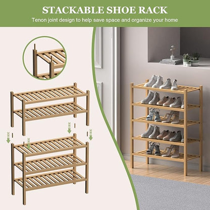 ROMGUAR CRAFT (Thick Bamboo Shoe Rack for Entryway, 2-Tier Free Standing Shoe Racks Stackable Shoe Rack Organizer for Hallway Closet Living Room 27 x12 x14 Inches - Image 5