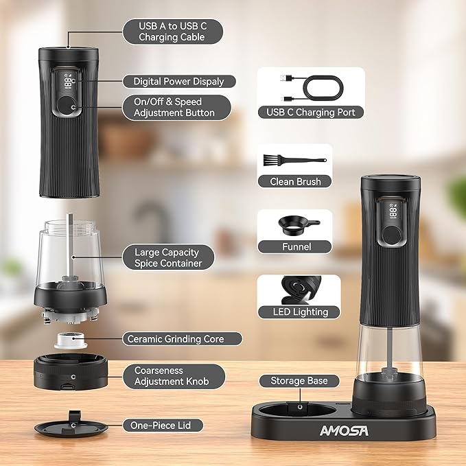 Electric Salt and Pepper Grinder Set, Upgrade 2-Speed Setting, External 5 Adjustable Coarseness, Rechargeable Automatic Salt & Pepper Shakers Mill with Battery Display, Storage Base & Led Light, Black - Image 9