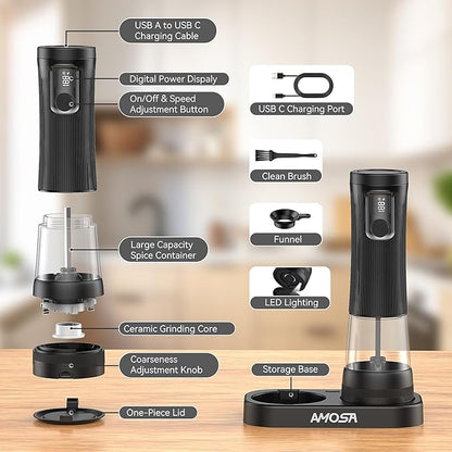 Electric Salt and Pepper Grinder Set, Upgrade 2-Speed Setting, External 5 Adjustable Coarseness, Rechargeable Automatic Salt & Pepper Shakers Mill with Battery Display, Storage Base & Led Light, Black - Image 9