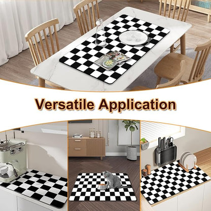 Dish Drying Mat for Kitchen, 16'' x 24'' Coffee Bar Mat for Countertops, Checkered Coffee Station Mats with Non-slip Rubber Backed, Absorbent Dish Dying Mat for Kitchen Counter, Black & White