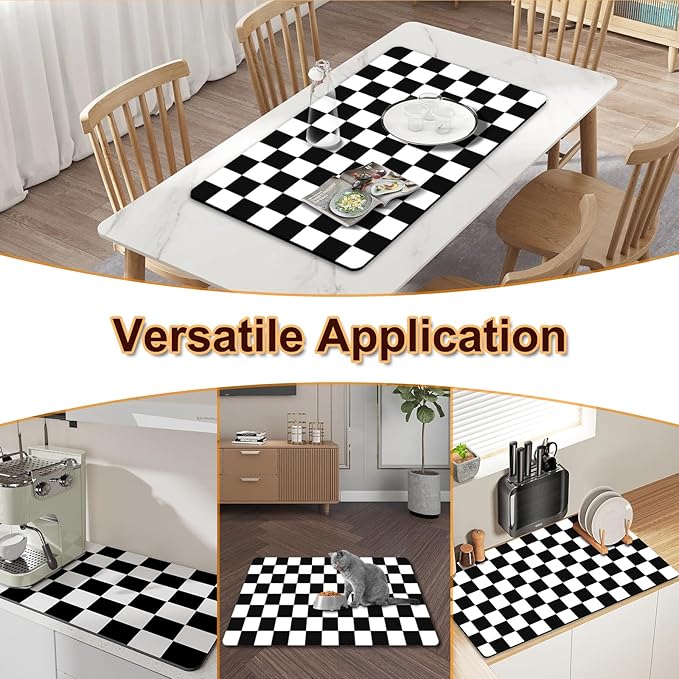 Dish Drying Mat for Kitchen Counter, 12" x 20" Checkered Coffee Bar Mat for Espresso Machine, Absorbent and Stain-Resistant Countertop Protector, Non-Slip Rubber Back Drying Pad, Black & White