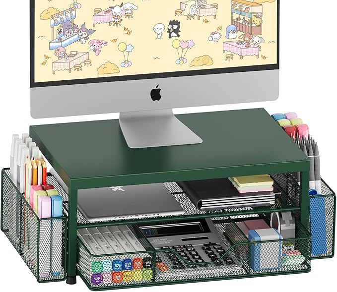 OPNICE Desk Organizers and Accessories, 2-Tier Computer Monitor Stand Riser with Drawer and 2 Pen Holders, Laptop Stand, Office Desk Accessories for Office Supplies, Dark Green by OPNICE