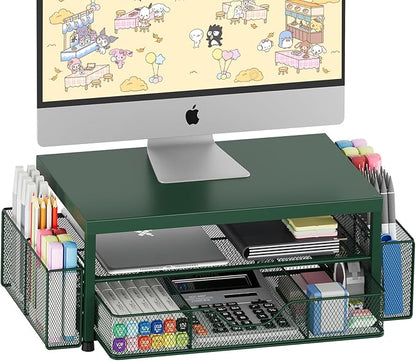 OPNICE Desk Organizers and Accessories, 2-Tier Computer Monitor Stand Riser with Drawer and 2 Pen Holders, Laptop Stand, Office Desk Accessories for Office Supplies, Dark Green by OPNICE