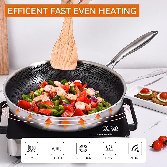 DELARLO Tri-Ply Stainless Steel Pan, 18/10 Frying Pan, Oven Safe Up to 600°F, Nontoxic Cookware, Compatible with All Cooktops Skillet, Durable, Fast Even Heat Fry Pan,12" Hybird Pan - Image 4