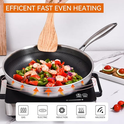 DELARLO Tri-Ply Stainless Steel Pan, 18/10 Frying Pan, Oven Safe Up to 600°F, Nontoxic Cookware, Compatible with All Cooktops Skillet, Durable, Fast Even Heat Fry Pan,12" Hybird Pan - Image 4