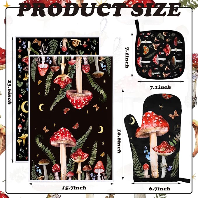 Bencailor 6 Pcs Mushroom Kitchen Towels Oven Mitts and Pot Holders Set Decorative Dish Towels Tea Washcloth Non Slip Heat Resistant Oven Gloves for Summer Home Cooking Baking, Red - Image 3