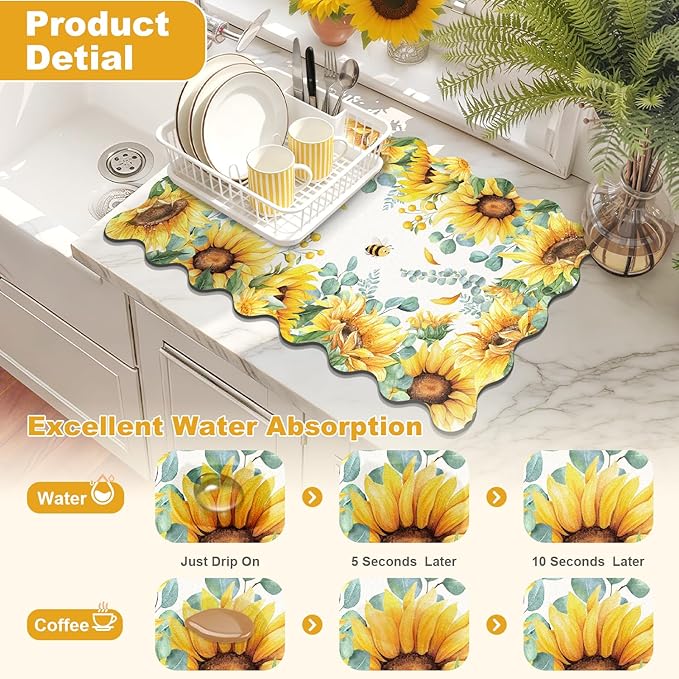LOKHOM Scalloped Floral Dish Drying Mat, 12"x20" Super Absorbent Coffee Mat with Watercolor Yellow Sunflowers, Cuttable Hide Stain Non-slip Drying Mat for Kitchen Counter Coffee Maker Espresso Machine - Image 3
