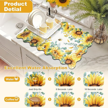 LOKHOM Scalloped Floral Dish Drying Mat, 12"x20" Super Absorbent Coffee Mat with Watercolor Yellow Sunflowers, Cuttable Hide Stain Non-slip Drying Mat for Kitchen Counter Coffee Maker Espresso Machine - Image 3