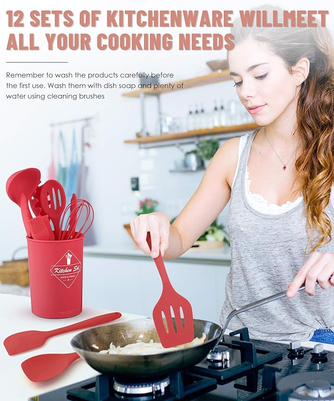 Pranski Kitchen Utensils Set-12 Pieces Silicone Cooking Utensils Set (Dishwasher Safe) 392°F Heat Resistant Spatula Set, Nonstick Cookware - Image 7