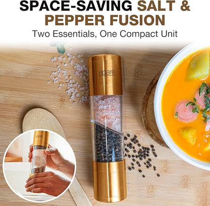 Eparé 2 in 1 Gold Salt and Pepper Grinder Combo - Brass All in One Dual Salt & Pepper Grinder Set in One for Kitchen - Manual Grinding Salt Pepper Mill Refillable - Stainless Steel - Image 6