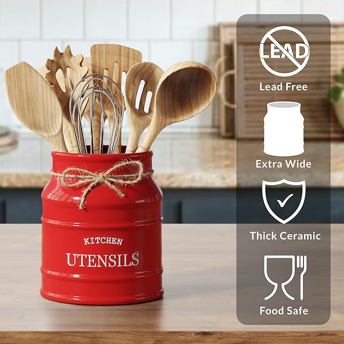 Barnyard Designs Ceramic Farmhouse Utensil Holder for Kitchen Counter, Large Rustic Utensil Crock, Countertop Cooking Tool Spatula Organizer, 6.75” (Red) - Image 3