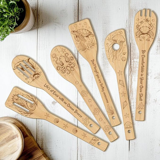 CUTHOLLOW 6PCS Marine Animals Wooden Kitchen Cooking Utensil Set, 11.9in Non Toxic Bamboo Wood Spoon Set for Cooking, Best Housewarming Birthday Thanksgiving Christmas Gift for Women Mother