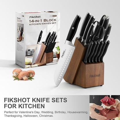 Fikshot Knife Set – German Stainless Steel, Ultra-Sharp, 14-Piece with Knife Block & Sharpener, Full Tang Black Handle, Rust-Resistant, Dishwasher-Safe for Kitchens, Gift for Chefs
