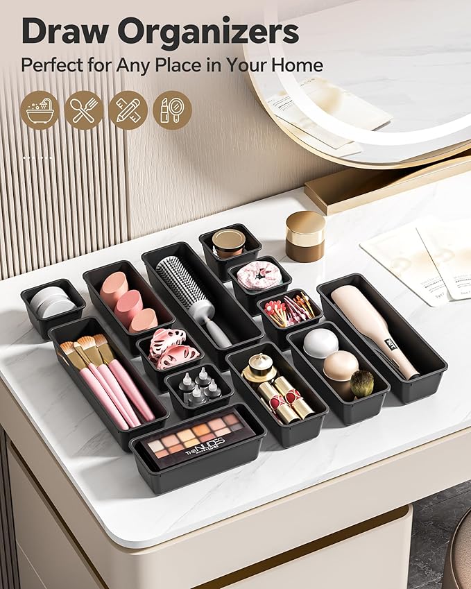 Canfanni 13 Pack Plastic Drawer Organizers Set, 3 Sizes Desk Drawer Organizer Trays for Vanity and Makeup Organizer, Organization and Storage for Makeup, Kitchen Utensils, Bathroom and Office(Black) - Image 6