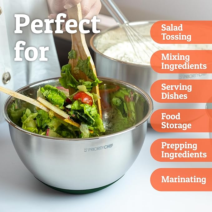 Priority Chef Premium Mixing Bowls With Airtight Lids Set, Thicker Stainless Steel Mixing Bowl Set, Large Prep Metal Bowls with Lids, Nesting Bowls for Kitchen, 1.5/2/3/4/5 Qrt, Green - Image 6