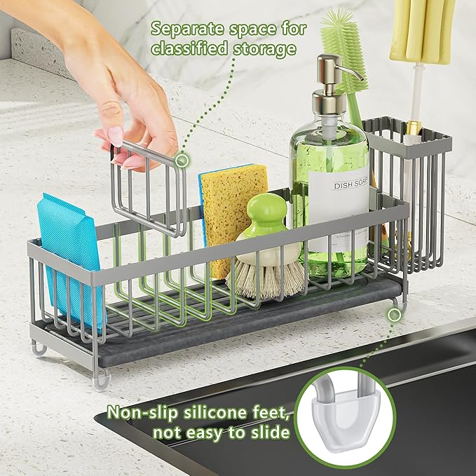 Cisily Extra Large Sink Caddy Organizer with Drying Stone, Gray Sponge Holder for Kitchen, Dish Brush Holder for Countertop, Kitchen Decor Storage and Essentials - Image 6
