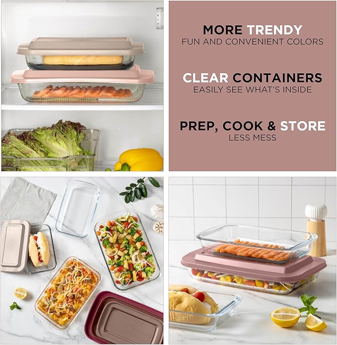 COOK WITH COLOR 8-Piece Deep Glass Baking Dish Set with Plastic Lids – Casserole and Food Storage Containers for Lasagna, Leftovers – Freezer-to-Oven, Microwave & Dishwasher Safe, Rose - Image 7