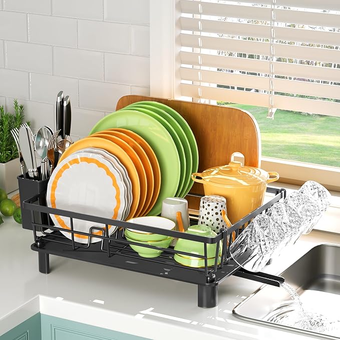 Dish Drying Rack, Dish Racks for Kitchen Counter, Detachable Dish Drainer with Drainboard, Utensil Holder, Cup Holder, Space Saving Kitchen Drying Rack for Small Home and Appartment, Black by IMXSUMDA
