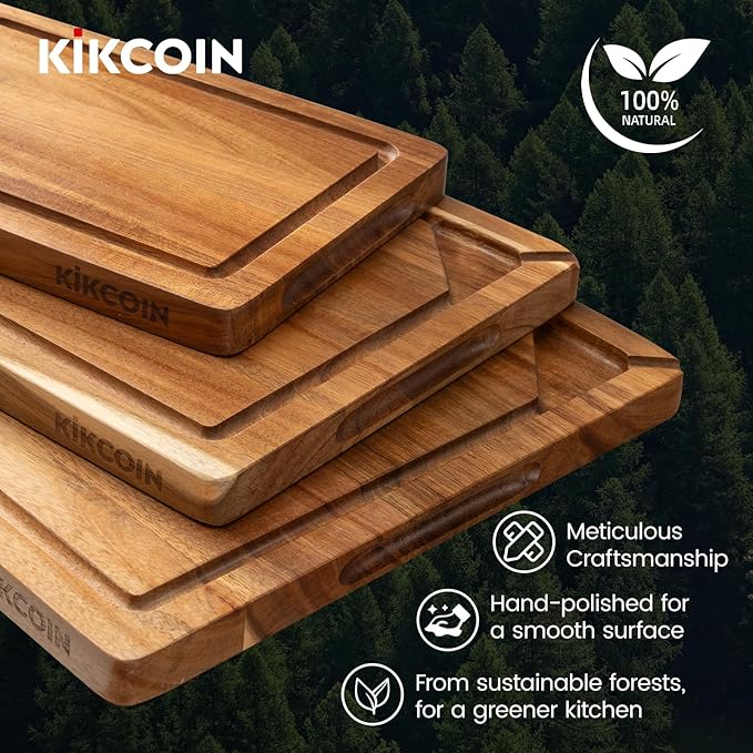 Kikcoin Acacia Wood Cutting Boards for Kitchen, 3 PCS Wooden Cutting Board Set with Holder, Chopping Board with Compartments and Juice Groove, Solid Charcuterie Boards Serving Tray Wood Butcher Block - Image 6