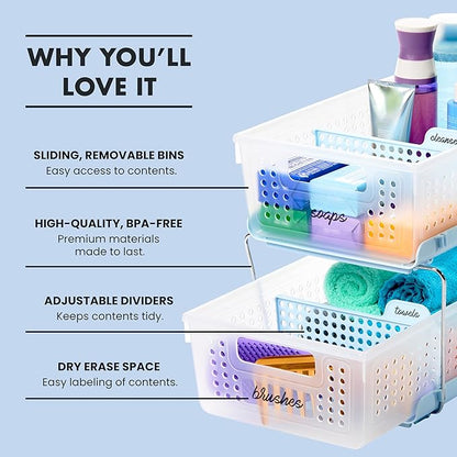 madesmart Two-Tier Bathroom Cabinet Organizer, Sliding Drawer Storage for Bottles, Sponges & Cleaning Supplies, Blue - Image 4