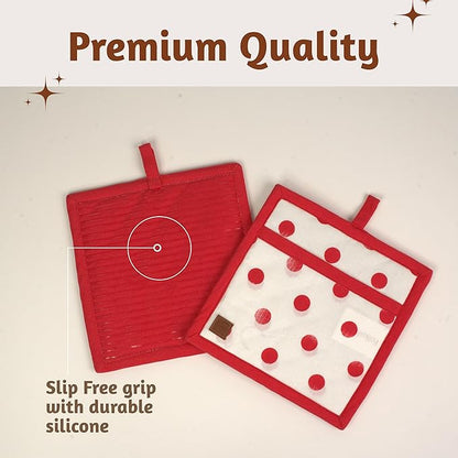 Folkulture Pot Holders for Kitchen | Pack of 2 (8x8) Ribbed Soft Silicone Hot Pads | 100% Cotton Red Cute Oven Pot Holders Set | Heat Resistant, Non Slip | Cooking Gifts, Polka Dot