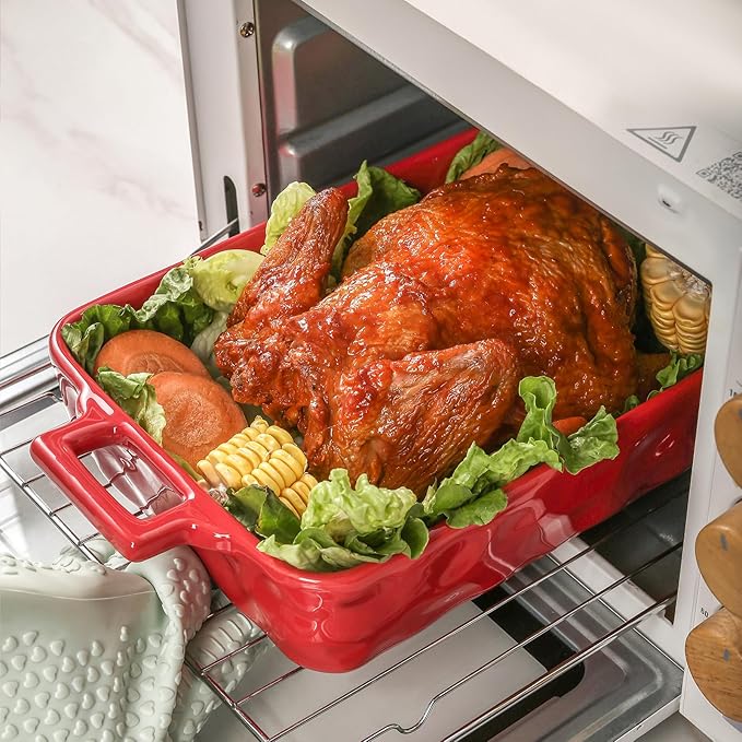 VICRAYS Ceramic Bakeware Set, Porcelain Rectangular Baking Dish, Baking Pan Lasagna Pans Casserole Dish Set for Cooking, Kitchen, Cake Dinner, Banquet and Daily Use, 3 PCS, 15 x 8.5 Inches (Red) - Image 3