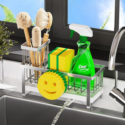 Sponge Holder for Kitchen Sink,Sink Caddy with Removable Dish Brush Holder,Self-Draining Kitchen Countertop Organizers and Storage Essentials,Soap Dispenser Organize and Home Decor-Silver - Image 5