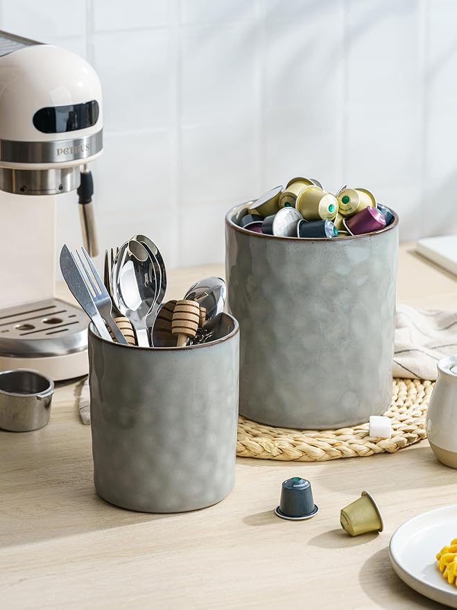 famiware Ocean Utensil Holder, 7.2"+5.8" Ceramic Kitchen Utensil Holder for Countertop, 2 Pieces Cooking Utensil Crocks, Utensil Organizer for Spatula & Spoon, Kitchen Decor, Set of 2, Gray - Image 3