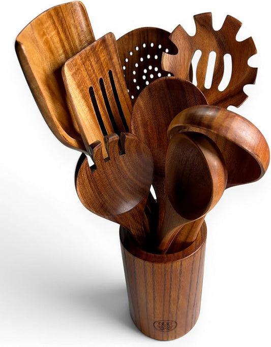 Wooden Cooking Utensils Set – Coki Home 9-Piece Teak Wood Kitchen Utensils with Holder, Nonstick Safe, Plastic-Free, Food-Safe Cooking Tools