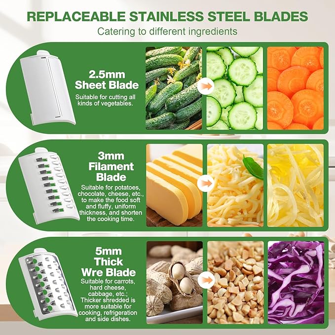 Electric Cheese Grater for Block Cheese - 3 in 1 Rotary Cheese Grater Electric Rotary Grater Salad Shooter Electric Slicer for Cheeses, Fruits, Vegetables and Nuts (Green, L)