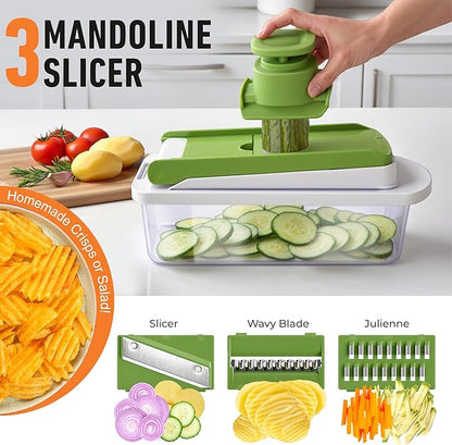 Mueller Pro-Series 10-in-1, 8 Blade Vegetable Chopper, Onion Mincer, Cutter, Dicer, Egg Slicer with Container, French Fry Cutter Potato Slicer, Home Essentials, Salad Chopper White Sand/Green - Image 6