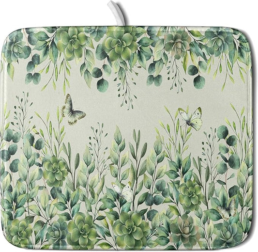 Giwawa Spring Summer Leaf Dish Drying Mat for Countertop, 16"x18" Eucalyptus Leaves Butterfly Dish Drainer Mats, Sage Green Fast Dry Microfiber Large Dish Drying Pad Decoration