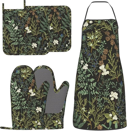 Botanical Print Floral Oven Mitts Pot Holders Farmhouse Cooking Apron Set of 5 Silicone Black Sage Green Botanical Print Kitchen Glove Apron Non-Slip Heat Resistant for Chef Baking Cooking