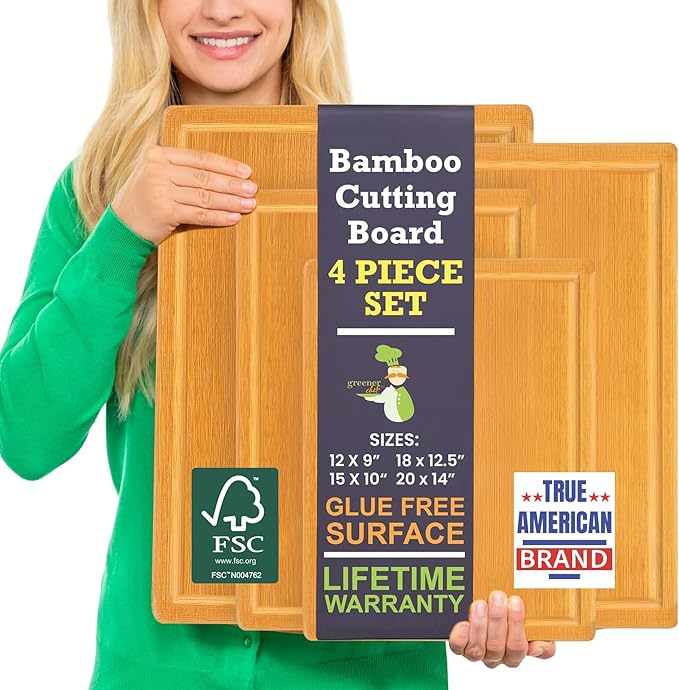 Glue-Free Surface™ 2XL Extra Large Bamboo Cutting Board Set of 4 – Small, Medium, XL, and Oversized Sizes from Chopping Vegetables to Carving Meat & Turkey for Large Family Meal Prep and Gatherings by GreenerChef