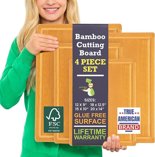 Glue-Free Surface™ 2XL Extra Large Bamboo Cutting Board Set of 4 – Small, Medium, XL, and Oversized Sizes from Chopping Vegetables to Carving Meat & Turkey for Large Family Meal Prep and Gatherings by GreenerChef
