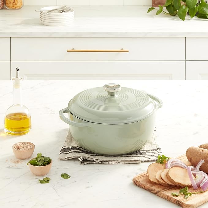Lodge 4.5 Quart Enameled Cast Iron Dutch Oven with Lid – Dual Handles – Oven Safe up to 500° F or on Stovetop - Use to Marinate, Cook, Bake, Refrigerate and Serve – Desert Sage - Image 8