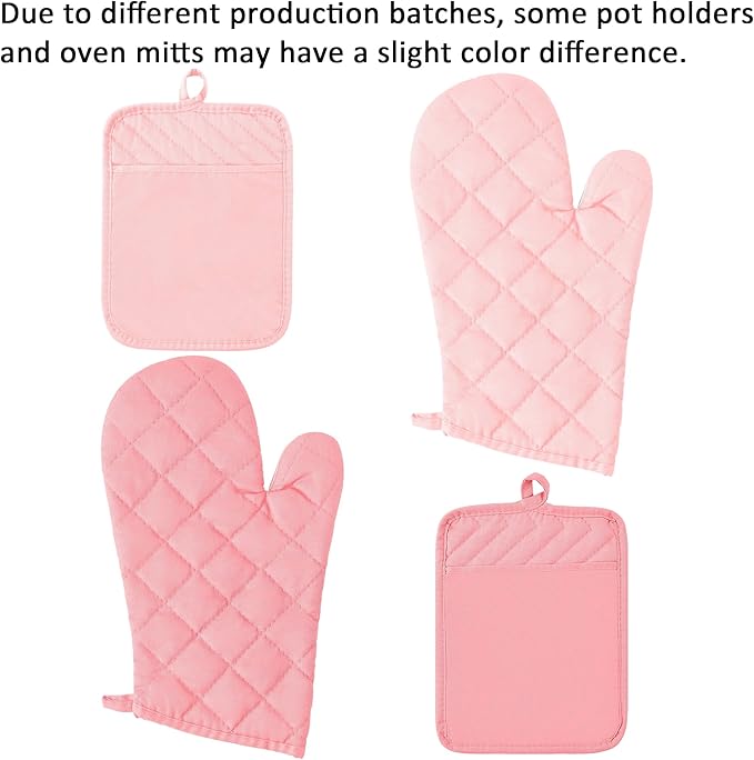 GROBRO7 6Pcs Cotton Oven Mitts and Pot Holders Set Heat Resistant Hot Pads Durable Pocket Pot Holder Machine Washable BBQ Gloves with Hanging Loop for Safe Kitchen Baking Cooking Grilling Pink - Image 7