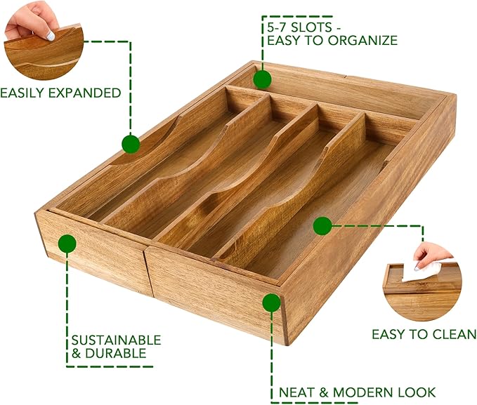 Expandable Acacia Kitchen Drawer Organizer for Cutlery and Utensils, Adjustable Acacia Wood Cutlery Tray in Drawer for Flatware and Silverware in Kitchen - Image 3