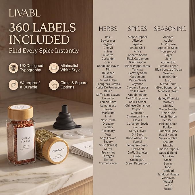 Glass Spice Jars with 360 Labels -24 pcs- 4oz- Spice Containers with Bamboo Lids -Shaker Lids- Pepper Grinder-Spice Organization for Cabinet-Drawer-Rack-Seasoning Organizer-Square bottles - Image 7