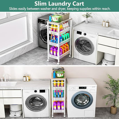 Vivihomety Utility Slim Storage Cart with Wheels, 4 Tier Small Rolling Cart with Wood Top, Metal Kitchen Bathroom Laundry Room Organization Trolley with Handle for Narrow Space - White - Image 5