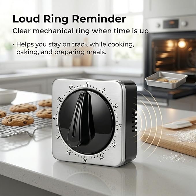 Searon Kitchen Timers for Cooking, Mechanical Wind Up Timer with Loud Ring, Magnetic Back, No Battery Needed, Stainless Steel Countdown Timer for Cooking and Baking - Image 5