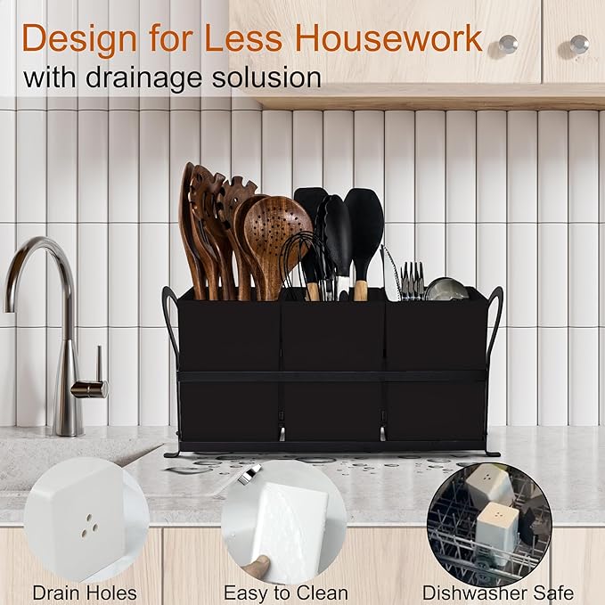 Czlizdyt Large Kitchen Utensil Holder, Drainage Utensil Caddy for Countertop, 3pcs Bins Set Cooking Utensil Organizer for Spoons, Spatulas, Black - Image 2