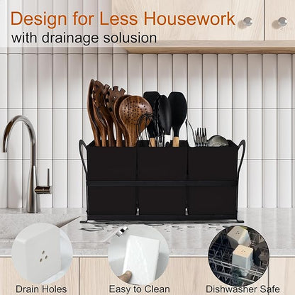 Czlizdyt Large Kitchen Utensil Holder, Drainage Utensil Caddy for Countertop, 3pcs Bins Set Cooking Utensil Organizer for Spoons, Spatulas, Black - Image 2
