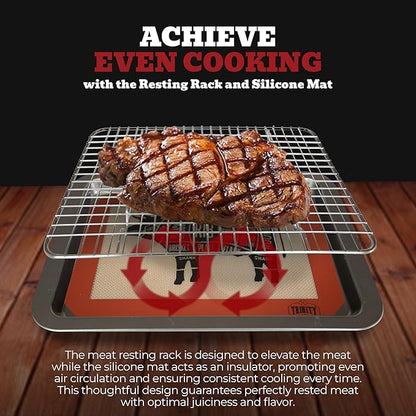 Trinity Provisions Small Meat Resting Pan - With Wire Rack and Silicone Baking Mat - Dishwasher and Oven Safe Stainless Steel, for Cooking and Cooling Steak, BBQ, Bacon, & More