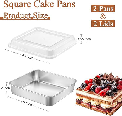 LIANYU 8 x 8 Square Baking Pan with Lid, 8 Inch Stainless Steel Cake Baking Pan Set of 2, Bread Cake Brownie Metal Bakeware Set, Heavy Duty & Dishwasher Safe (2 Pans + 2 Lids)