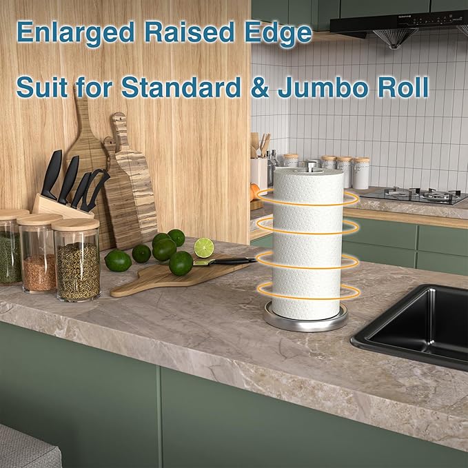 Paper Towel Holder Countertop, One-Handed Tear, Stainless Steel, Weighted Base, Silver, Paper Towel Roll Holder Stand with Ratchet Mechanism for Kitchen Bathroom Farmhouse Essentials Decor Accessories - Image 2